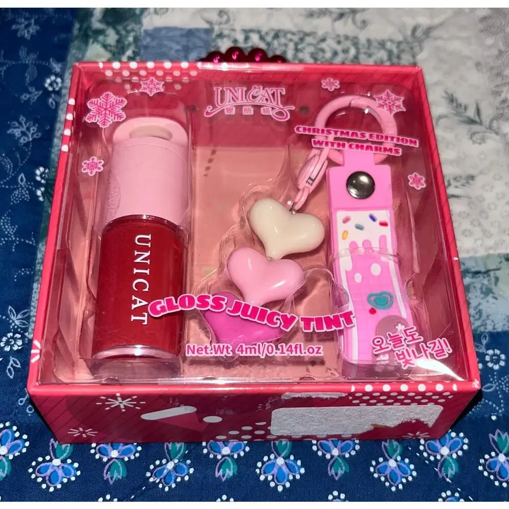 NEW! Unicat Juicy Tint Edition Set 4ml red lip gloss & heart-shaped charms